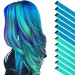 FESHFEN Coloured Clip in Hair Extension, 12 PCS Blue Teal Hairpieces Party Highlight Colourful Straight Hair Extensions Clip in Hair Piece, 22 inch