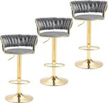 My Art Design - Set of 3 Bar/Kitchen Chairs 360 Degree Rotatable Swivel Elegant Classy & Comfortable Chair with Golden Base and Velvet Fabric (3 Chairs) (Grey 3)