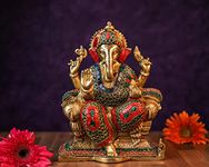 SHIVAJIARTS Brass Ganesh Statue, 25CM Big Size Inlay Work Ganesha Idol, Hindu Deity of God Luck, Vinayak Ganpati, Lord of Wisdom, Brass Sculpture Figurine