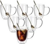 JNSMFC Double Wall Glass Coffee Mugs with Handle,350ML Set of 6 Double Walled Clear Glass Coffee Cup,Insulated Glass Coffee Mugs for Cappuccino,Espresso,Latte,Tea,Milk,Hot Beverage(6 Spoons)