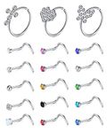 Mayhoop 18 Pcs 20G Nose Studs Nose Rings Nose Piercing Surgical Steel Nose Screw Nostril Piercing CZ Inlaid Piercing Jewelry for Women Men