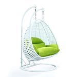 Hindoro Rattan Wicker Wrought Iron Two Seater Swing Chair with Powder Coated Stand & Cushion & Hook || Double Hammock Swing For Adults & Kids || Outdoor || Indoor || Balcony || Garden || Patio || Backyard || Porch || Yard || Terrace || Living Room Furniture (King, White with Green)