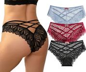 AUTUCAU Sexy Cheeky Underwear for Women Lace Floral Bikini Criss Cross Seamless Panties Ladies Cute Hipster Briefs Multi-Pack