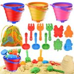 Beach Toys for Kids, 3PCS Collapsible Sand Bucket and Shovels Set with Sand Castle Toys for Beach Outdoor Play Summer Water Pool Bath Play