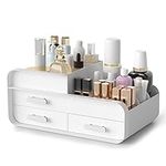 Makeup Organiser Cosmetic Storage Box, Make up Organizer Dressing Table Plastic Cosmetics Holder with Drawer - Large Countertop Vanity Cosmetic Stand Containers for Beauty Skincare Jewellery, White