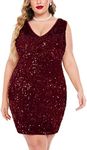 IN'VOLAND Womens Sequin Dress Plus Size Sexy V Neck Party Cocktail Bodycon Formal Glitter Sleeveless Mini Dresses Wine Red