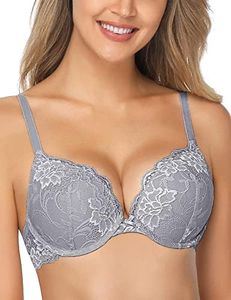 WingsLove Women’s Push Up Bra Floral Lace Padded Underwire Bra Demi Plunge(Grey,16C/38C)