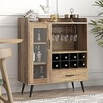 SogesHome Wine Cabinet with 1-Glass Door&Drawer, 3-Tier Storage Cabinet with 8-Wine Cubes, Home Wine Storage Sideboard with Bottle Holder for Living Room Kitchen Restaurant