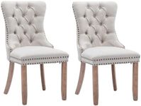 AADEN Set of 2 Modern Elegant Button-Tufted Upholstered Fabric with Studs Trim and Wooden Legs Dining Side Chair (Beige)