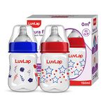 LuvLap 150ml Wide Neck Baby Feeding Bottle, PP, BPA Free, 0m+, Pack of 2 (Stars, Red Blue Floral)