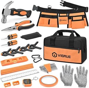 VIGRUE Kid Real Tool Set, 16Pack Children Real Hand Tools Kit with Belt and Bag, Boy Builder Small Learning Accessories Construction Hammer Screwdriver for Home DIY Woodworking Play