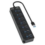 7-Port USB 3.0 Hub with Individual Switches & Lights, Multiple Port USB Adapter Extension High-Speed Data Hub, Portable USB Splitter with 1FT Extended Cable for PC, Laptop, Printer and More