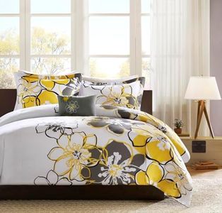 Mi Zone Allison Comforter Set Fun Bedroom Décor - Modern All Season Floral Vibrant Color Cozy Bedding Layer, Matching Sham, Decorative Pillow, Full/Queen, Yellow/Grey 4 Piece