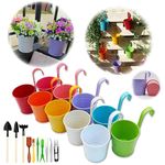 Hanging Plant Pot Metal Flower Pots, Coloured Fence Plant Pots Vase Hanging Planter Basket Set without Drainage Hole, Detachable Hook, Balcony Planters Fence Garden Home Decor ( 17x10.1x8cm plus set)