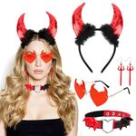 HOWAF Halloween Devil Costume, Red Devil Horns Headband Halloween Headband Wings Choker Glasses Earrings Halloween Costume