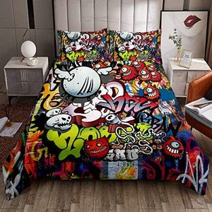 Hip Hop Decor - Juego de Ropa de Cama Estilo Hippie Graffiti niños niñas,Cultura callejera,Funda de edredón Moderna gráfica Pared de Arte Urbano de habitación,Individual,2 Piezas