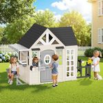 Albott Kids Outdoor Wooden Playhouse with Kitchen Set, Mailbox & Doorbell, Durable Wood Construction with Waterproof Roof & Rust-Resistant Hinges, Pretend Playhouse for 3–8 Years Old Boys & Girls