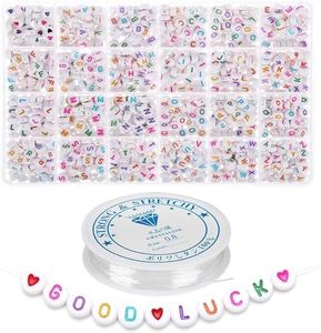 1200 Pieces 4×7mm Color Round Acrylic Alphabet Letter Beads Kits with 1 Roll Elastic Crystal String Cord, A-Z and Heart for for Jewelry Making Handmade DIY Bracelet Necklace (Each Letter Included)