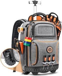 Backpack Tool Bag with Wheel, Rolling Tool Backpack for Electrician Heavy Duty Roller Tool Bag on Wheel for Construction Work, 75 Pockets & Loops Tool Backpack with Molded Base and Lock - Grey