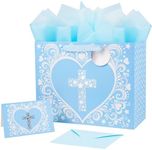 JWSCYSY 12.6" Large Blue Gift Bag with Metallic Silver Star Cross Design, Card and Tissue Paper for Baby Boy Baptisms, Christenings, First Communions Religious