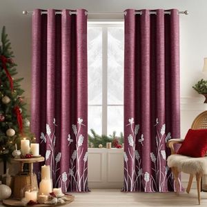 Melodieux Wheat Embroidery Faux Linen Blackout Wide Curtains for Living Room Patio Door Large Window Grommet Drape, White Wheat/Burgundy, 100 by 84 Inch (1 Panel)