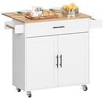 sogesfurniture Rolling Kitchen Island with Drop Leaf, Kitchen Island Cart on Wheels with Drawer & Storage Cabinet, Rubberwood Top Kitchen Serving Cart with Spice Rack & Towel Holder, BHCA-10FZSRKI07WH