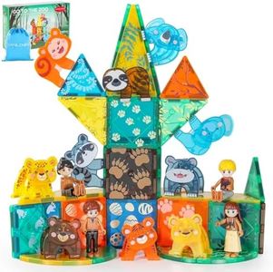 VANLINNY Magnetic Tiles,64 Piece Jungle Animals Magnet Building Toys for Kids Ages 3-8,3D Building Blocks for Boys/Girls Learning by Playing Games to Improve Imagination/Creativity,Birthday Xmas Gifts