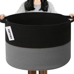 HZFTJOY Large Blanket Basket for Organizing,115L Closet Organizers and Storage Bins Box for Shelves Woven Rope Storage Baskets,Living Room,Bedroom,Dorm,Laundry room (Black&Dark Grey)