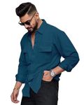 IndoPrimo Men's Regular Fit Fancy Double Pocket Casual Shirt for Men Full Sleeves - Cargo (in, Alpha, L, Regular, Airblue)