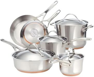Anolon Nouvelle Copper Stainless Steel 10-Piece Cookware Set | Induction Suitable Copper Core for Fast Even Heating | Riveted Handles, Polished Exterior, Includes Multiple Cookware Dishes
