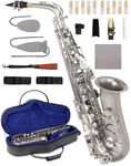 AKLOT Handcrafted E-Flat Alto Saxophone: Matte Silver Brass Body with Warm, Rich Tone, Secure Air Seal, Smooth 23-Key System, Includes Reeds, Premium Leather Case and Saxophone Cleaning Kit (CH-FM)