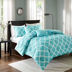 Madison Park Essentials Cozy Bed in A Bag Reversible Quilt with Complete Cotton Sheet Set-Geometric Design All Season Cover, Decorative Pillow, King (104 in x 92 in), Diamond Aqua Comforter 5 Piece