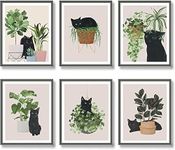 6pcs Cute Black Cat Botanical Wall Art, Green Leaves Plants Boho Wall Art Canvas Paintings, Minimalist Aesthetic Poster Prints Wall Decor Pictures for Living Room Bedroom Office, Unframed (8"x10")