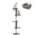 PAWZ Road Cat Tree 5-Tier Floor to Ceiling Cat Tower Height Adjustable, Tall Kitty Climbing Activity Center with Scratching Post, Cozy Bed, Dangling Ball for Indoor Cats/Kitten Grey