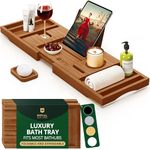 ROYAL CRAFT WOOD Luxury Bamboo Bathtub Caddy Tray with Book and Wine Holder - One or Two Person Bath and Bed Tray with Extending Sides - Free Soap Dish (Brown)