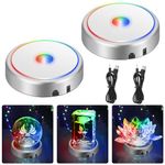 EEEKit 2 Pack LED Light Display Base, 6 Color LED Crystal Ball Base Non-Slip Round Light Display Stand, Multicolor Flat LED Light Base for 3D Crystal Glass Art Holiday Party Decoration, Sliver