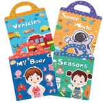 SYCARON Puffy Reusable Sticker Books for Kids, 4 Pack Travel Activities Busy Books for Toddlers Boys Girls, Travel Waterproof Stickers Books for Kids 3-5, Vehicles+Space+Season+Body