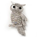 Avalaya Sparkling AB Crystal Owl Brooch (Silver Tone Metal) - 50mm L