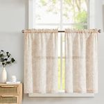 TOPICK Floral Kitchen Curtains 36 Inch Drop Linen Kitchen Curtains Translucent Short Cafe Curtains Botanic Print Small Window Curtains Rod Pocket Rustic for Laundry Room Bathroom 2 Panels Taupe