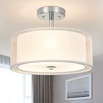 Depuley 3-Light Modern Semi Flush Mount Ceiling Light Fixture, 12.6’’ Drum Light with Double Fabric Shade, Brushed Chrome Close to Ceiling Lights for Living Room Dining Room Bedroom Hallway Entry