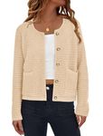 PRETTYGARDEN Open Front Cardigan Sweaters for Women Button Down Long Sleeve Casual Cute Knitted Shirts with Pockets (Beige,Small)