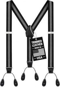 HOLD'EM Tuxedo Suspenders for Men Black Genuine Leather Button End 1.25 Inches Mens Braces Suspenders- Regimental Stripe Black (Tall 54" Long)