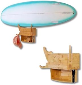 Living in Sunshine LISS The Solo Rack – Wall Mount Surfboard Rack with Storage Drawer and Hooks – Fits Shortboards, Longboards, SUPs – Bamboo Board Holder with Interchangeable Arms