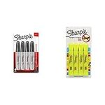 Sharpie Marker Permanent, Chisel Tip Permanent Marker Chisel, 4-Carded, Black Ink (38264PP) & ACCENT Highlighter, Tank Highlighter Chisel, 4-Carded, Fluorescent Yellow (25164PP)