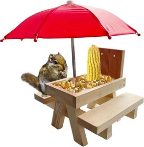 Squirrel Feeder, Outdoor Squirrel Picnic Table Feeder with Parasol, Brown Squirrel Feeder with Corn cob Holder, Outdoor Fun Chipmunk Feeder