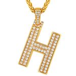 Suplight Letter Pendant for Men, Gold Plated H Necklace, Mens Bling Chain Necklace, Cubic Zirconia Initial Pendant with Spiga Wheat Chain, Hip Hop Pendant Letters