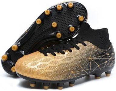 Hanani Boys Girls Soccer Cleats for Kids Football Shoes High Top Training Youth Football Cleats Outdoor/Indoor Athletic Turf Shoes, Black Gold, 2 Big Kid