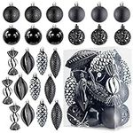 Prextex Black 24-Piece Shatterproof Christmas Ball Ornaments Glitter Balls, Christmas Tree Baubles Christmas Decorations, Exquisite Xmas Combo of 8 Christmas Balls and Shape Styles