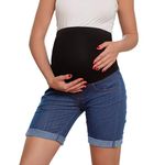 Bhome Maternity Bermuda Denim Jean Shorts Over The Belly Full Panel Casual Pregnancy Short Pants, Dark Blue, Medium
