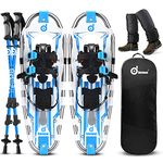 Odoland 4-in-1 Snowshoes Set with Trekking Poles, Waterproof Snow Leg Gaiters and Carrying Tote Bag, Lightweight Aluminum Alloy Terrain Snow Shoes for Men Women Youth Kids, White Blue, 25